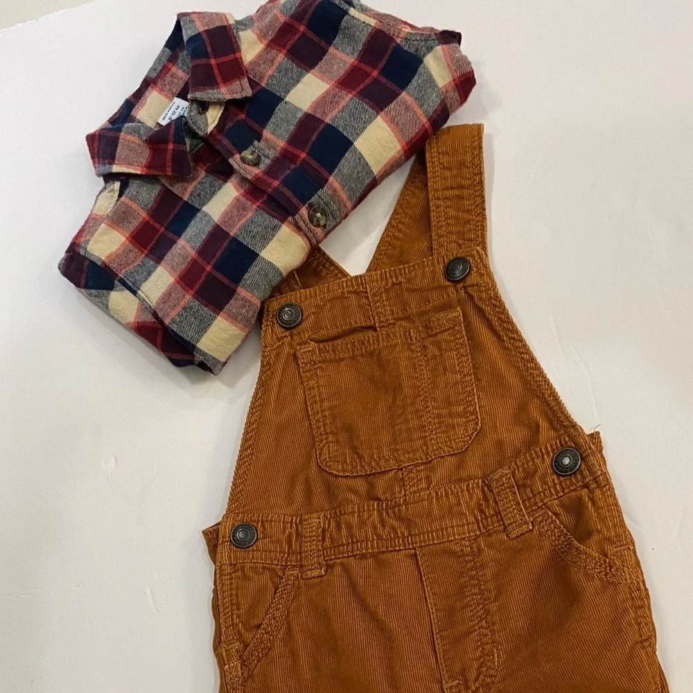 LIKE NEW✨OLD NAVY 6-12M👖2- PEICE overall and shirt/flannel✨🤎